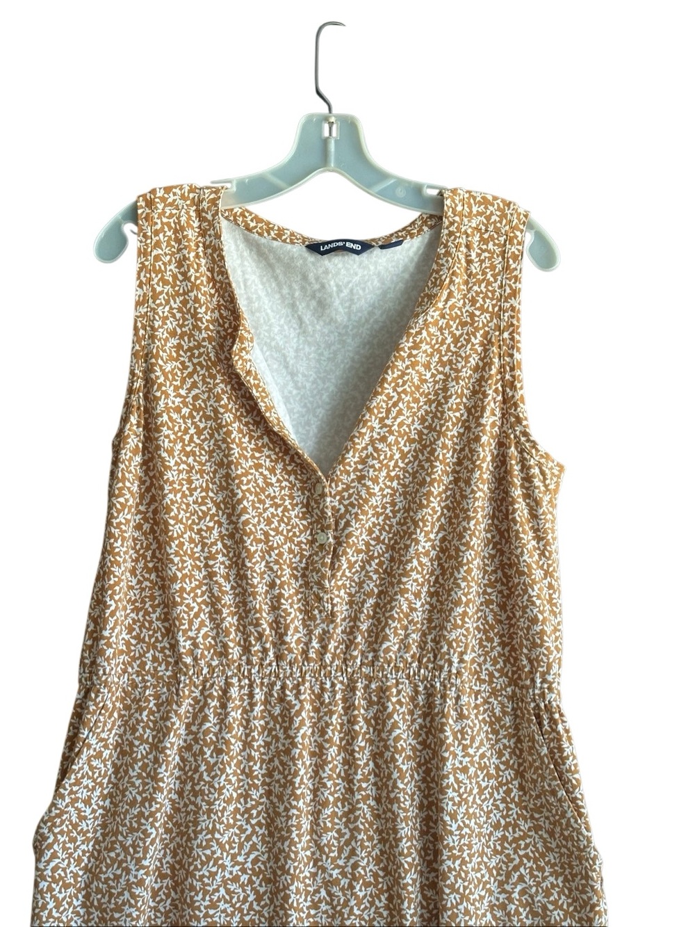 Lands End Sleeveless Tan/White Floral V-Neck Midi Dress. Size Large - Picture 3 of 10